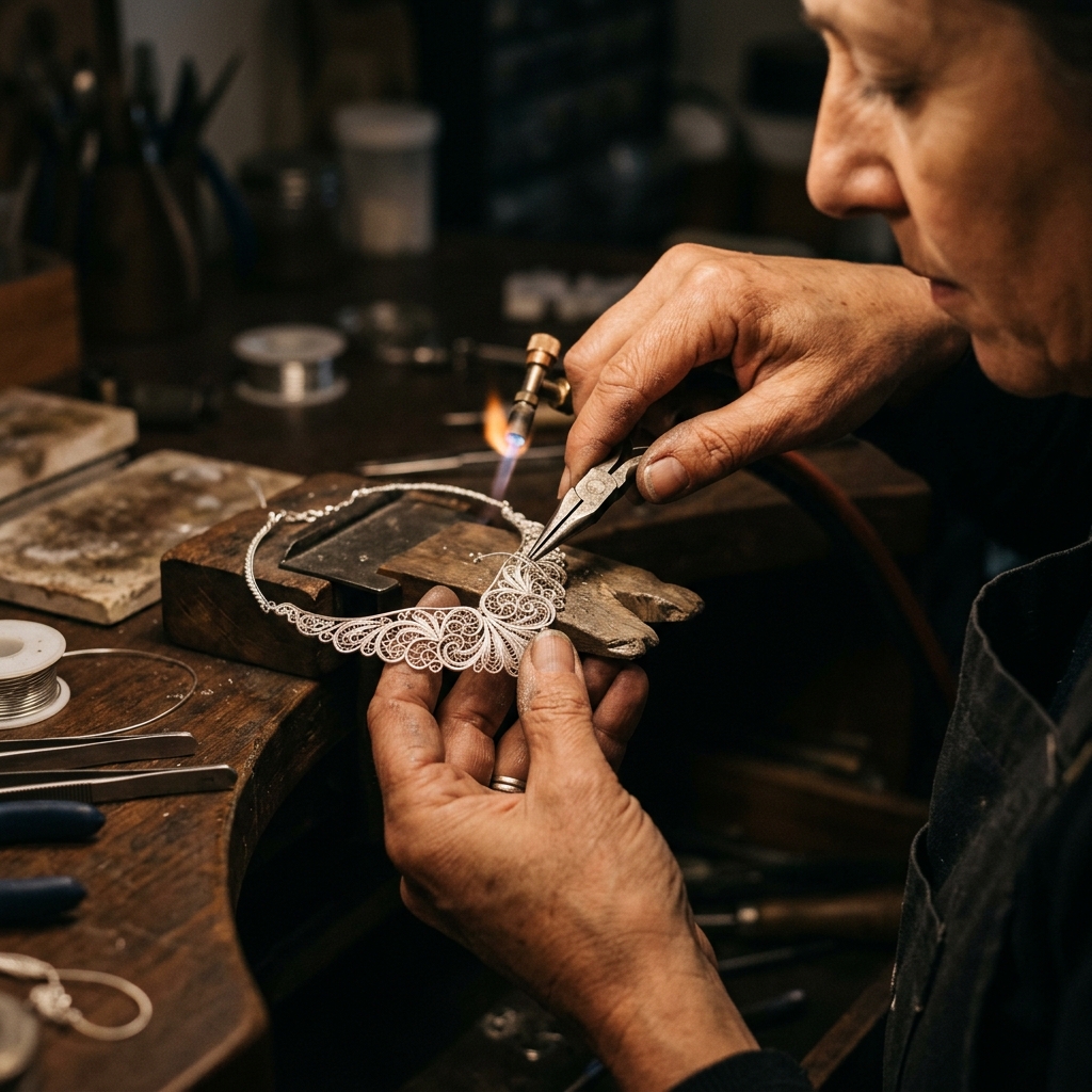 Jeweler setting a gemstone with precision tools